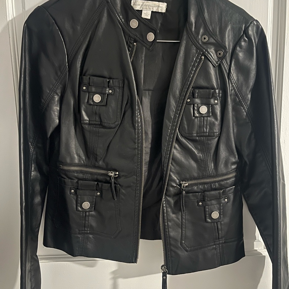 New York & Company Black Leather Jacket with Silver Accents